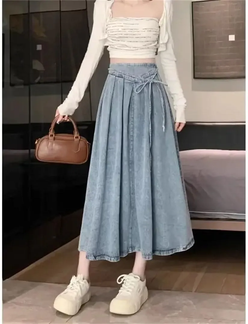 Women's Vintage Denim Skirt Slimming Elastic Waist Hip Covering Umbrella Dress A- Line Long Dress