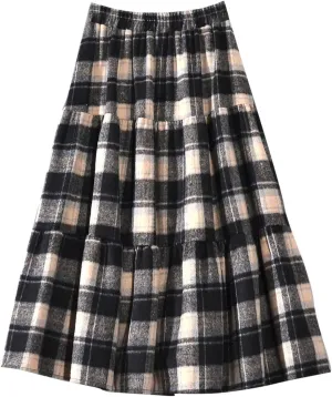 Women's Vintage High Waist Wool Blend Plaid A-Line Long Maxi Skirt Elasticity Waistband Layered Swing A-Line Skirts