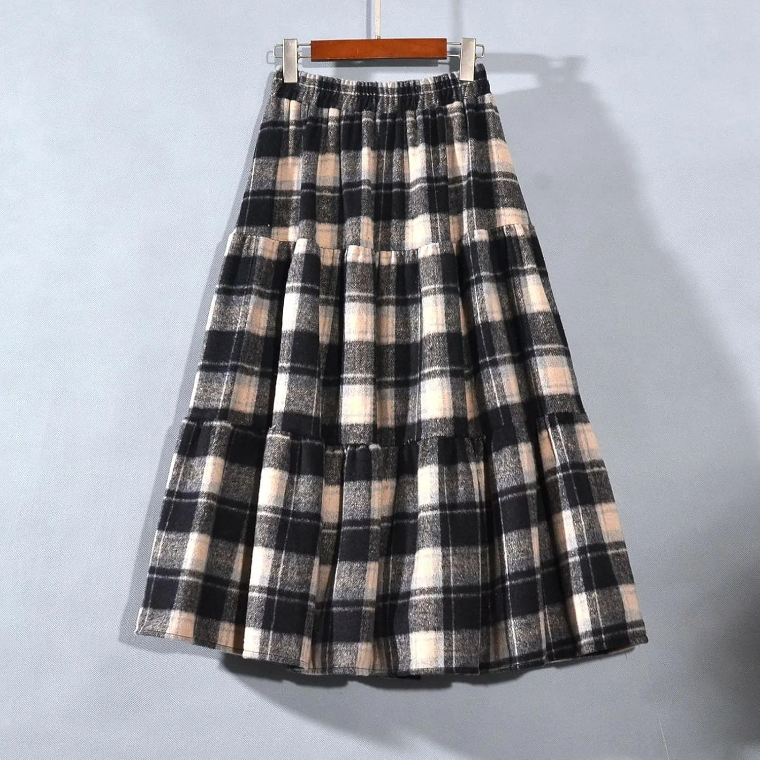 Women's Vintage High Waist Wool Blend Plaid A-Line Long Maxi Skirt Elasticity Waistband Layered Swing A-Line Skirts