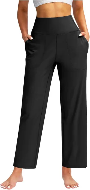 Womens Wide Leg Pants Tummy Control Athletic Workout Pants Comfy Solid Color High Waisted Casual Pants with Pockets