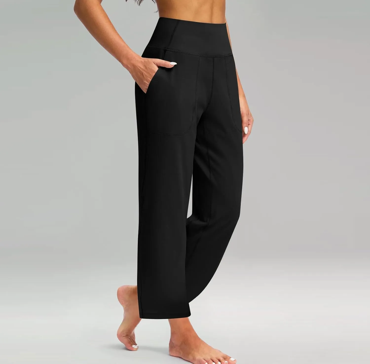Womens Wide Leg Pants Tummy Control Athletic Workout Pants Comfy Solid Color High Waisted Casual Pants with Pockets