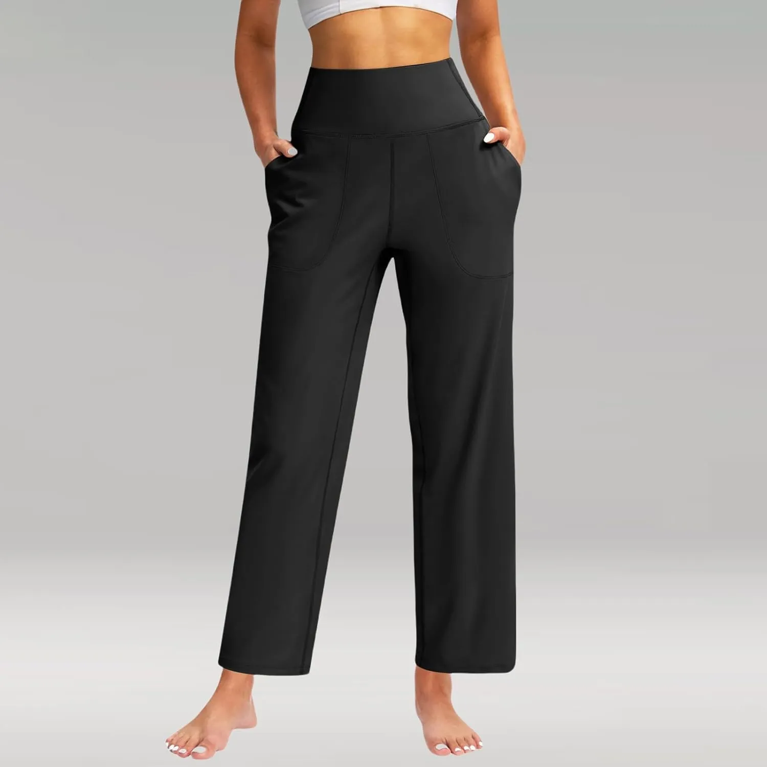 Womens Wide Leg Pants Tummy Control Athletic Workout Pants Comfy Solid Color High Waisted Casual Pants with Pockets