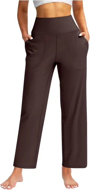 Womens Wide Leg Pants Tummy Control Athletic Workout Pants Comfy Solid Color High Waisted Casual Pants with Pockets