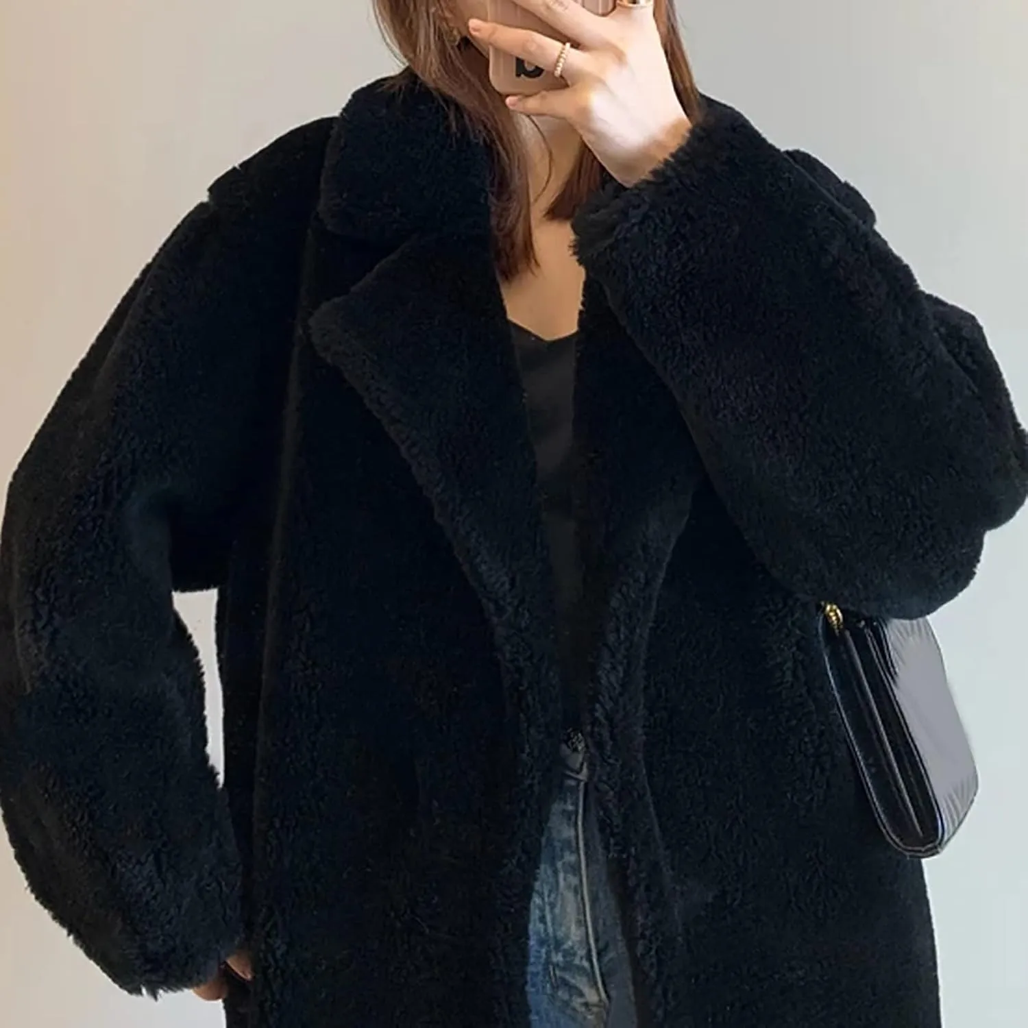 Women's Winter Long Trench Coats Black Fashion Notch Lapel Thicken Teddy Fluffy Wool Blend Sherpa Jackets