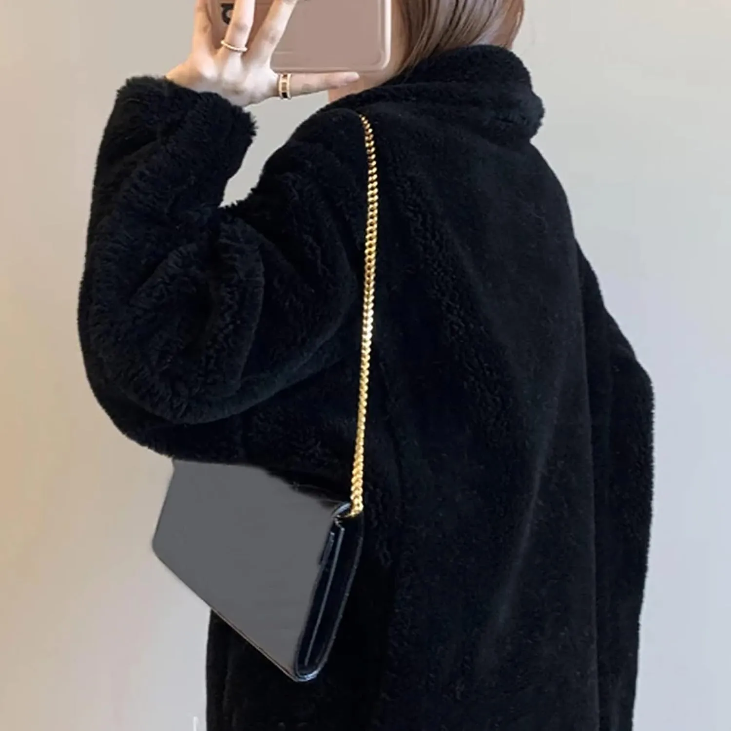 Women's Winter Long Trench Coats Black Fashion Notch Lapel Thicken Teddy Fluffy Wool Blend Sherpa Jackets