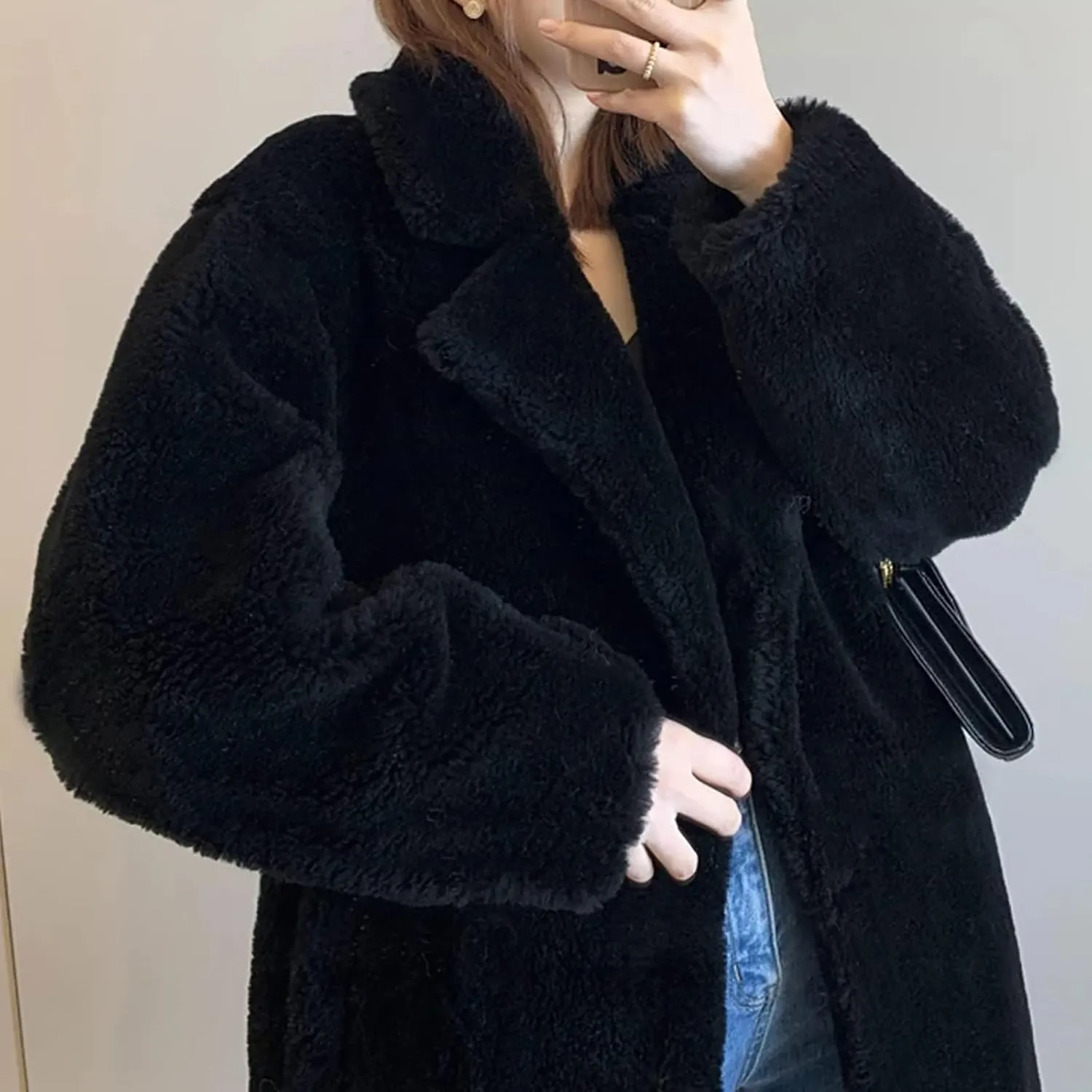 Women's Winter Long Trench Coats Black Fashion Notch Lapel Thicken Teddy Fluffy Wool Blend Sherpa Jackets