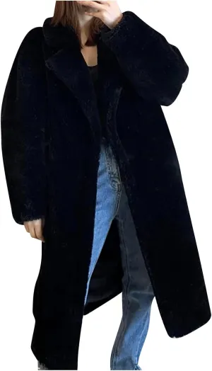 Women's Winter Long Trench Coats Black Fashion Notch Lapel Thicken Teddy Fluffy Wool Blend Sherpa Jackets