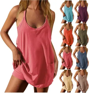 Womens Workout Romper Dress Loose Adjustable Dresses with Shorts Sleeveless Spaghetti Straps Golf Tennis 2025 Clothes
