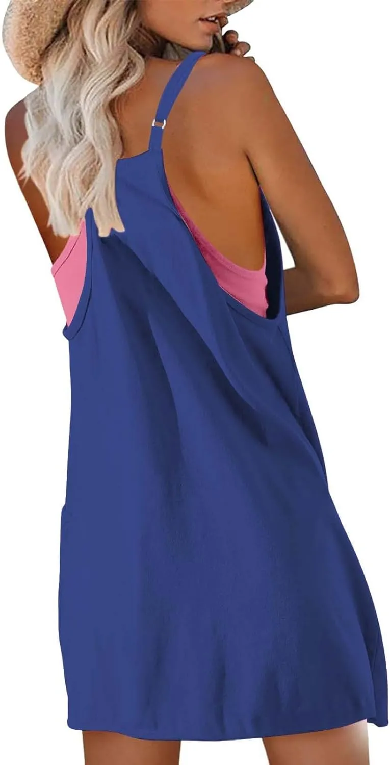 Womens Workout Romper Dress with Shorts Underneath Sleeveless Adjustable Spaghetti Straps Sports Mini Romper Dress