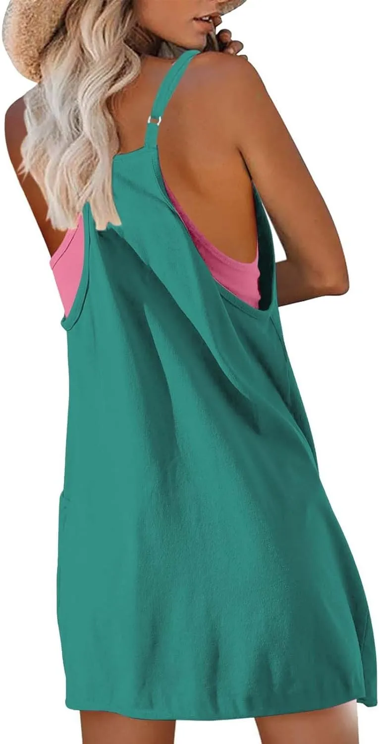 Womens Workout Romper Dress with Shorts Underneath Sleeveless Adjustable Spaghetti Straps Sports Mini Romper Dress