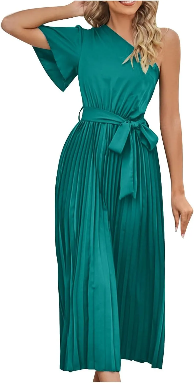 Women's Wrap Midi Dress Summer Causal Tie Waist Flowy A-Line Pleated Dress Elegant Evening Dress Cocktail Party Dress
