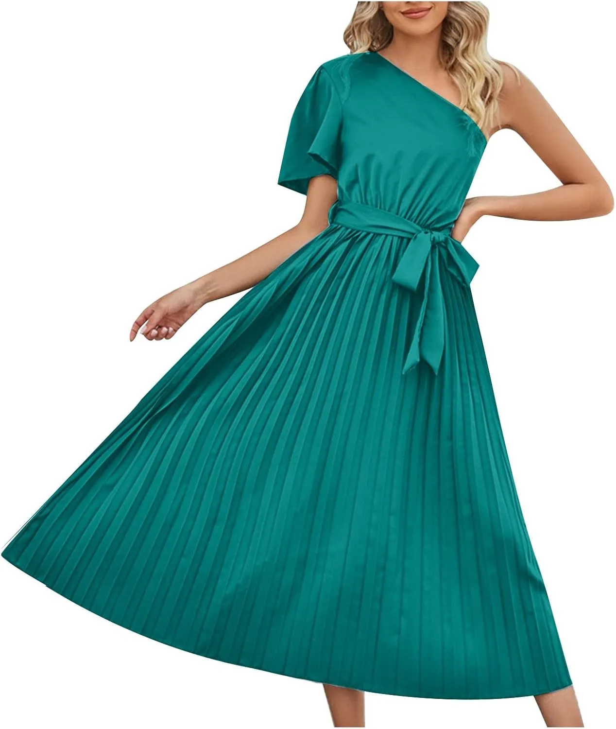 Women's Wrap Midi Dress Summer Causal Tie Waist Flowy A-Line Pleated Dress Elegant Evening Dress Cocktail Party Dress