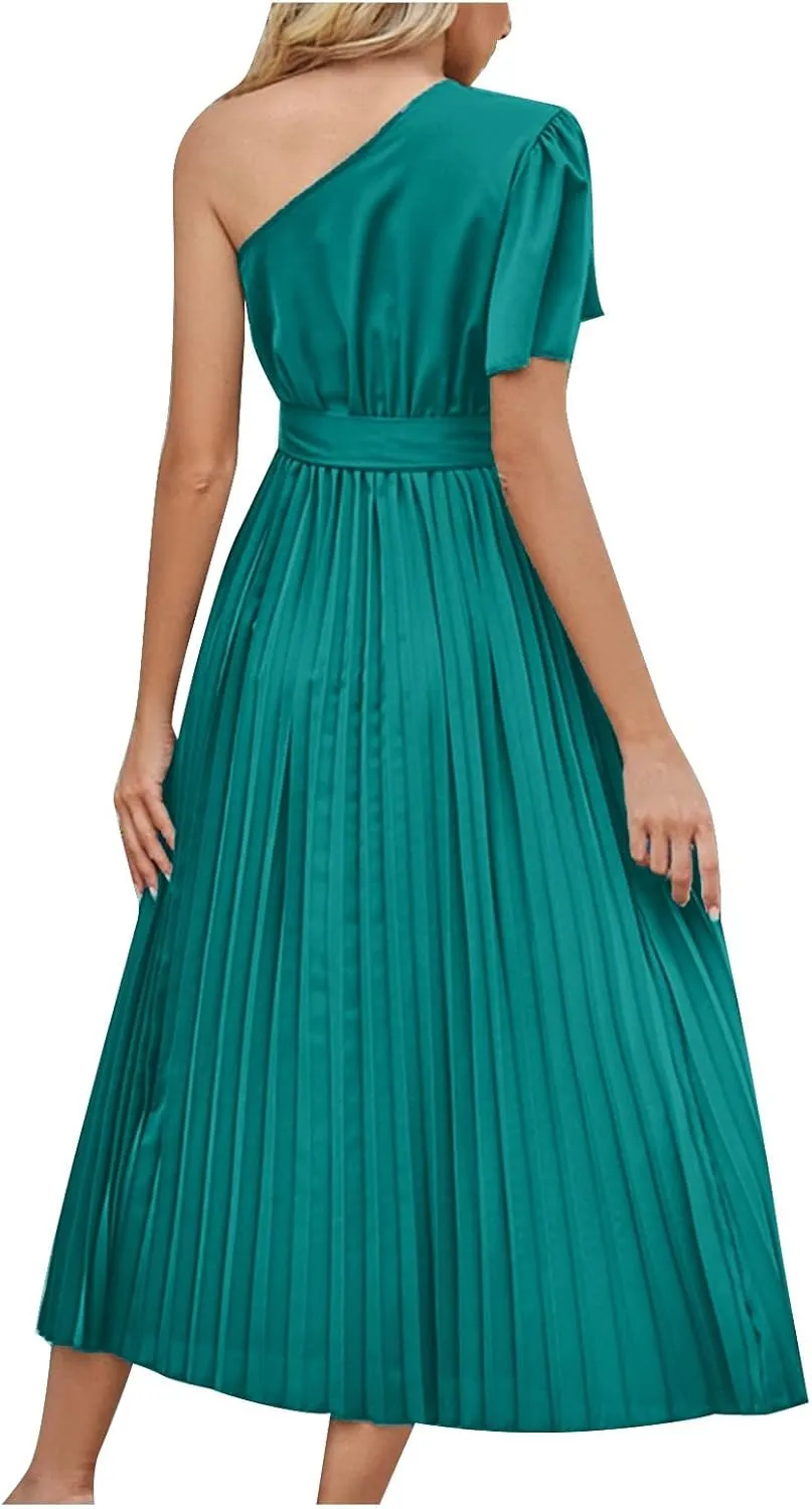 Women's Wrap Midi Dress Summer Causal Tie Waist Flowy A-Line Pleated Dress Elegant Evening Dress Cocktail Party Dress