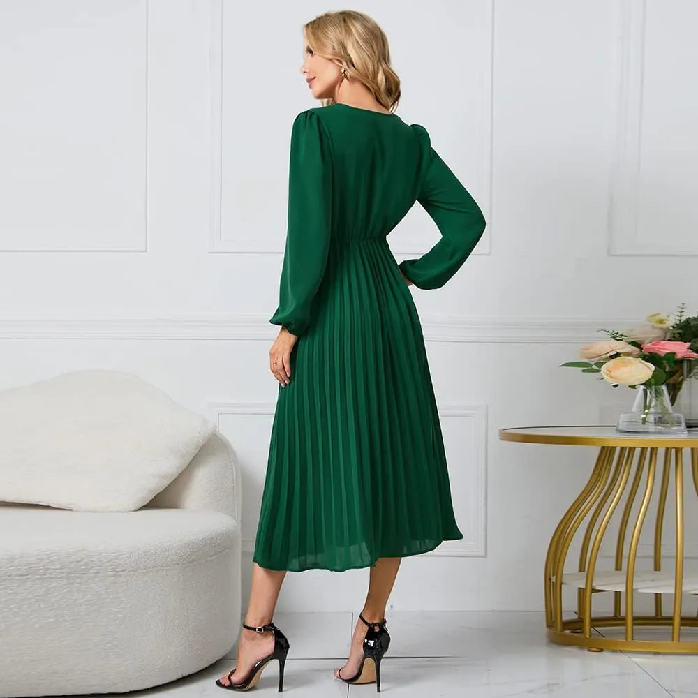 Women's Wrap V Neck Maxi Dress Long Sleeve A Line Pleated Flowy Wedding Guest Dress