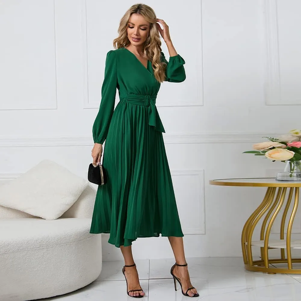 Women's Wrap V Neck Maxi Dress Long Sleeve A Line Pleated Flowy Wedding Guest Dress