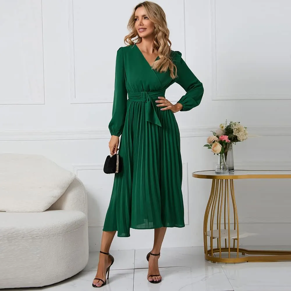 Women's Wrap V Neck Maxi Dress Long Sleeve A Line Pleated Flowy Wedding Guest Dress