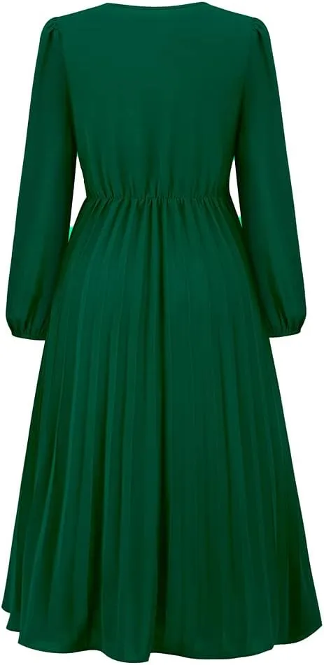 Women's Wrap V Neck Maxi Dress Long Sleeve A Line Pleated Flowy Wedding Guest Dress