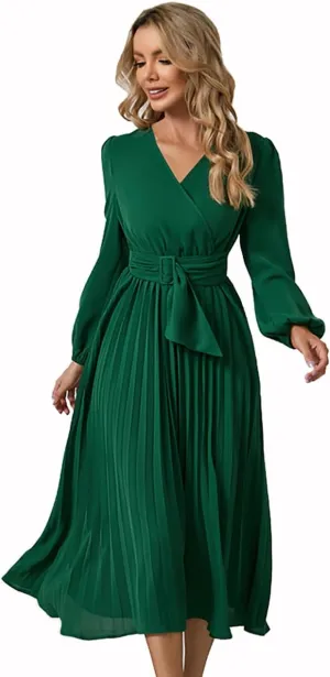 Women's Wrap V Neck Maxi Dress Long Sleeve A Line Pleated Flowy Wedding Guest Dress