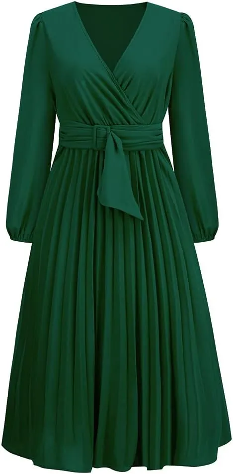 Women's Wrap V Neck Maxi Dress Long Sleeve A Line Pleated Flowy Wedding Guest Dress