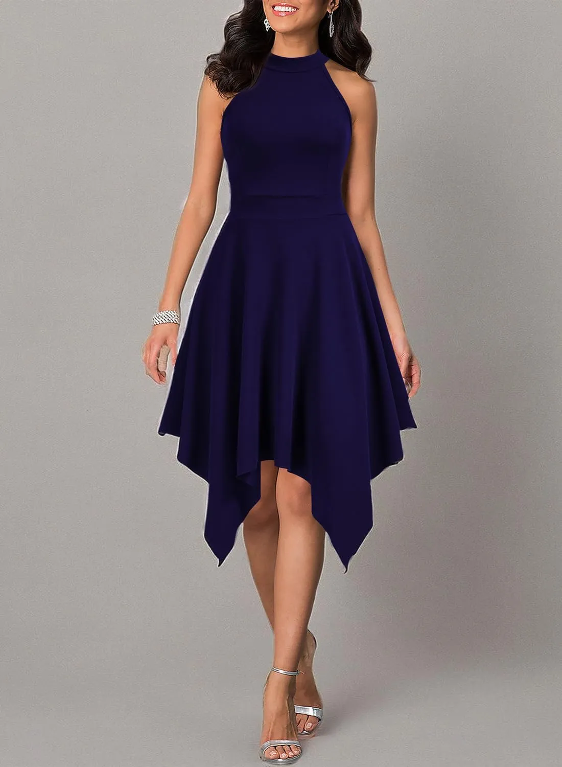 WOOSEA Women's Sleeveless Halter Neck Formal Dress Hem Asymmetrical A Line Party Cocktail Dress
