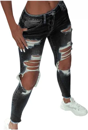 WUAI High Waisted Ripped Jeans for Women Classic Pull-On Butt Lift Stretch Distressed Ripped Skinny Jeans Denim Pencil Pants