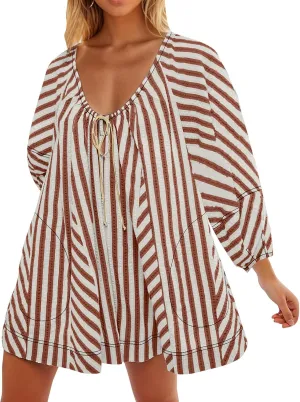 Xiaojmake Womens Short Tunic Dress Oversized Flowy Striped Romper Overalls V Neck Puff Sleeve Baggy Short Jumpsuits Sundress